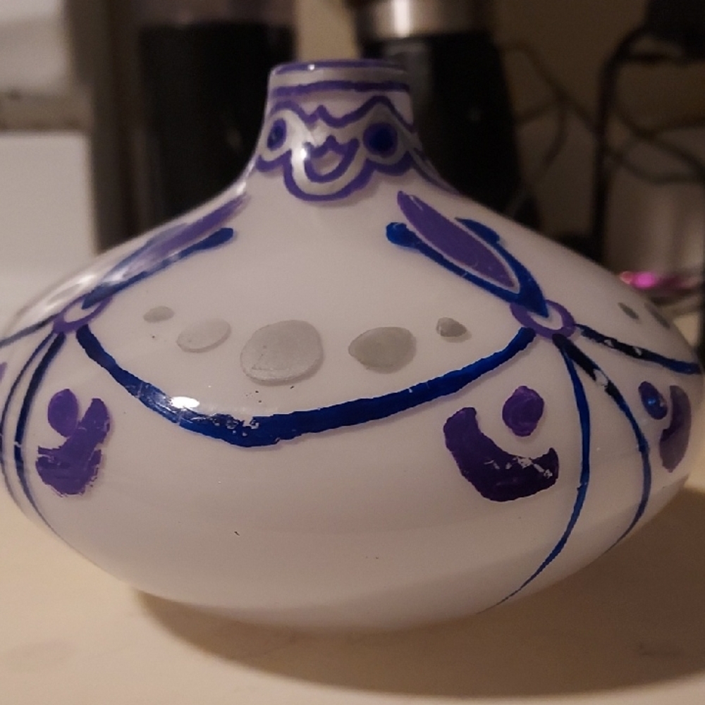 Vase 6"W 4" T White Blue And Purple. Unkoen Origin. Looks Hand Blown